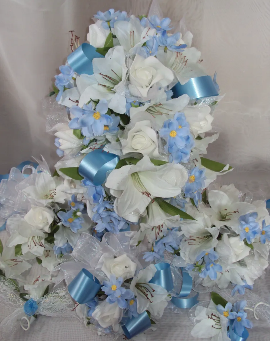 Blue Cascade Bridal Bouquet and 5 Piece Ensemble - Image 2