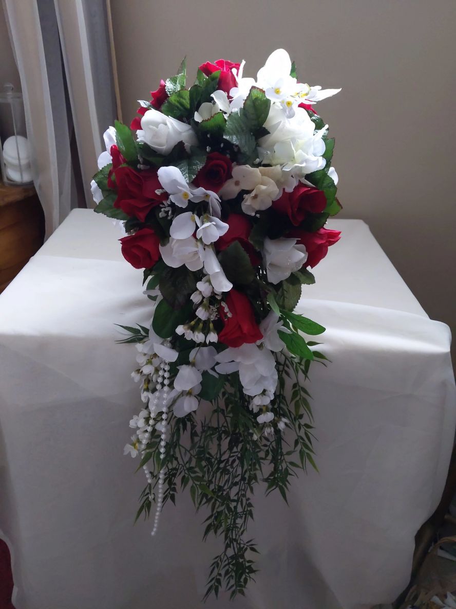Red roses Cascading Bridal Bouquet & Bout - Image 6