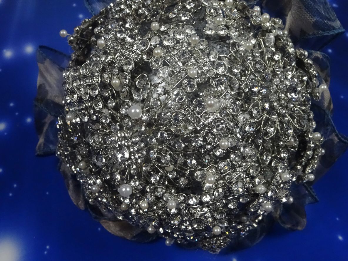 Silver Bling Bridal Wedding Bouquet, Wrist Corsage & Matching Bout