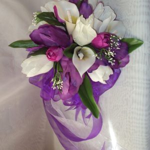 White Calla Lilys and Purple Tulips Bridal Bouquet & Matching Bout