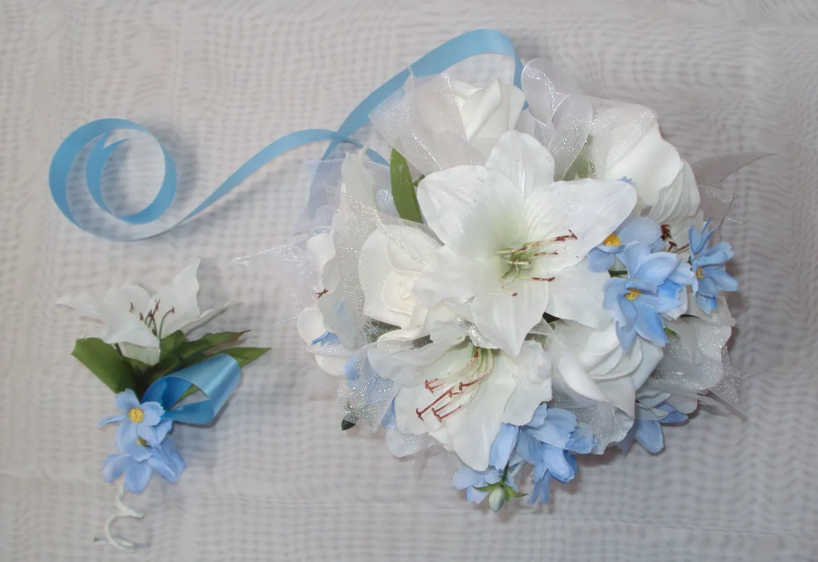 Blue Cascade Bridal Bouquet and 5 Piece Ensemble - Image 4