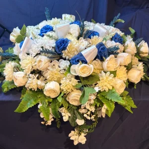 Full Casket Saddle Spray Royal Blue and White
