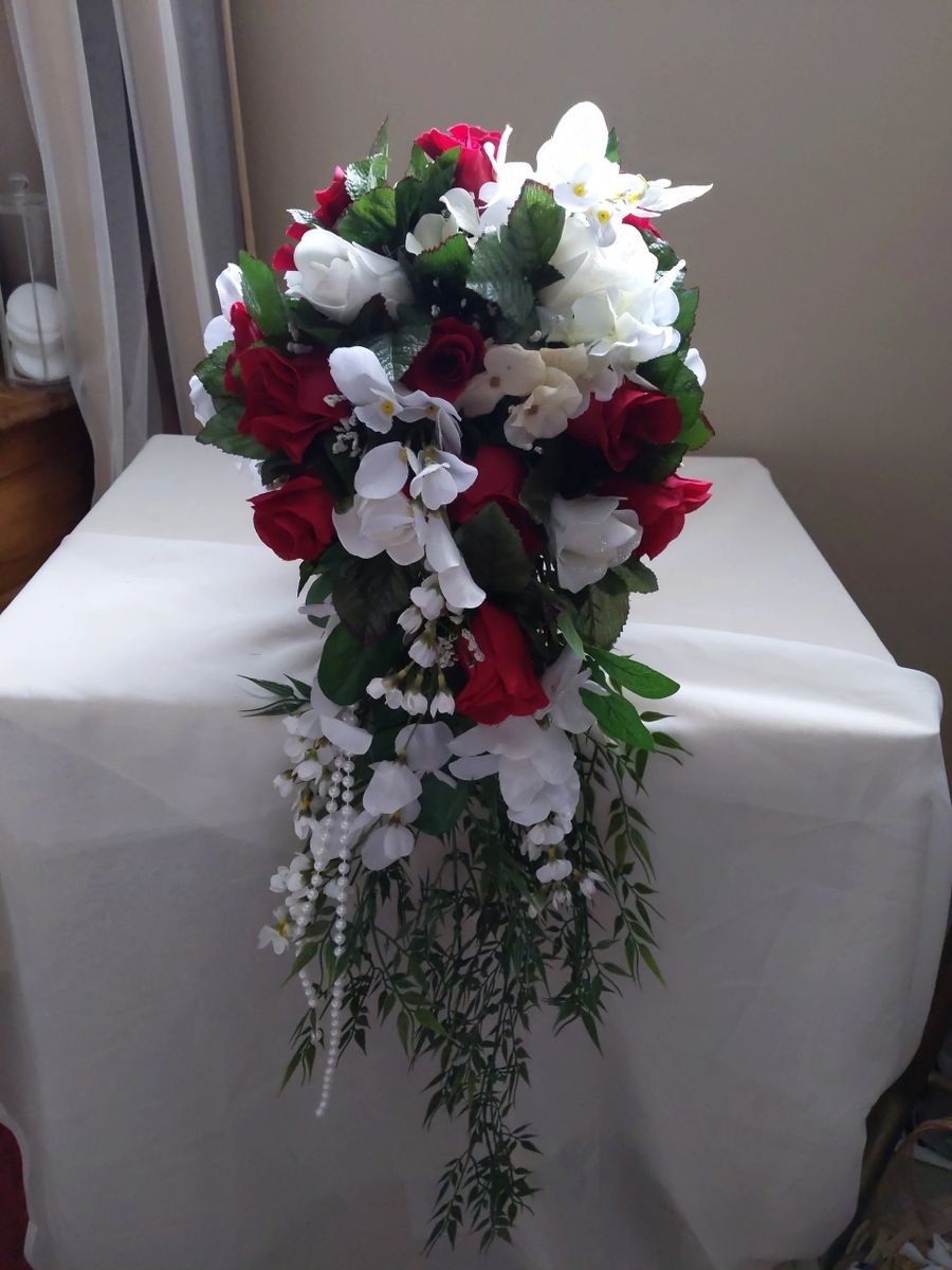 Red roses Cascading Bridal Bouquet & Bout - Image 4
