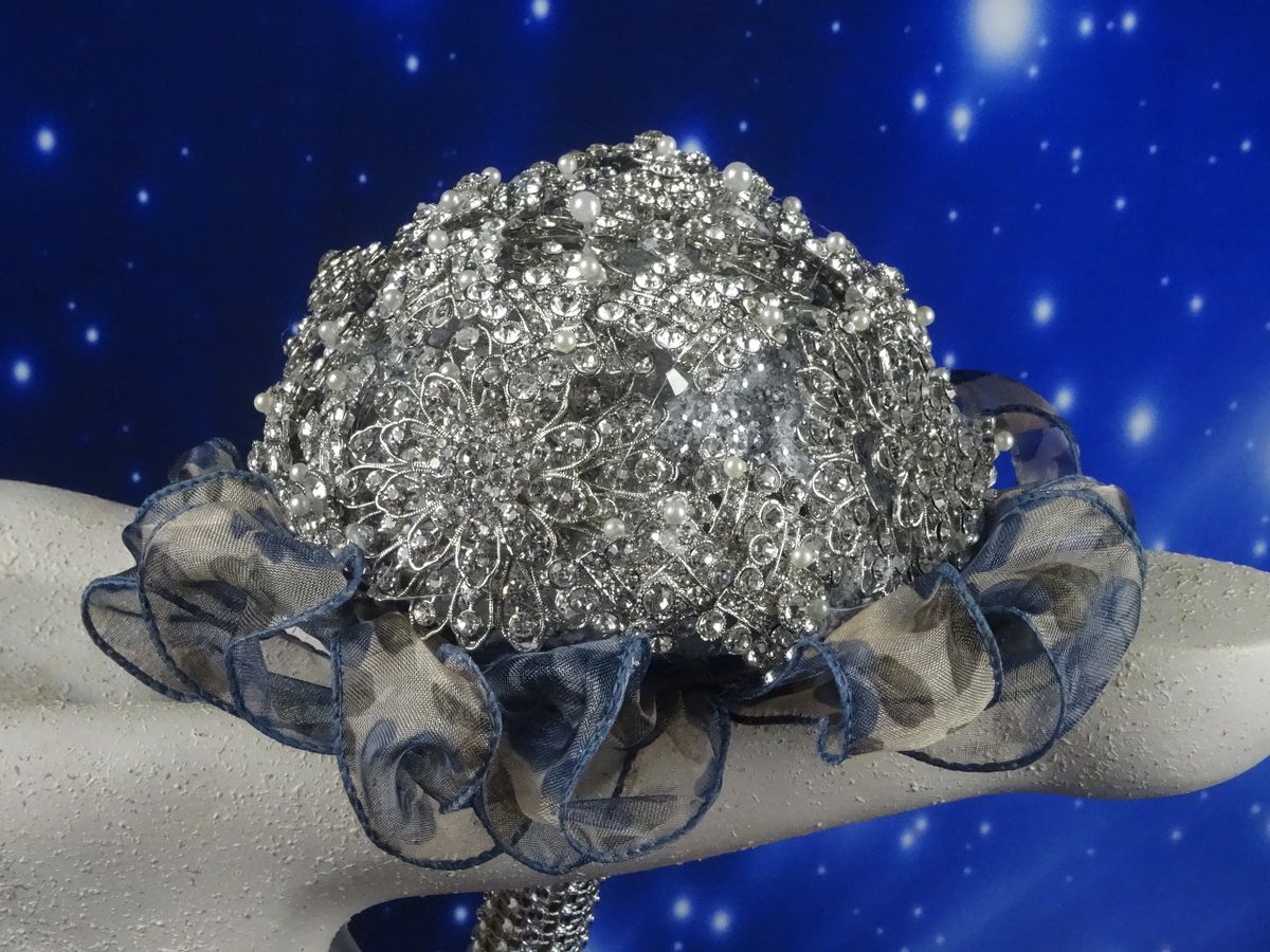 Silver Bling Bridal Wedding Bouquet, Wrist Corsage & Matching Bout - Image 8