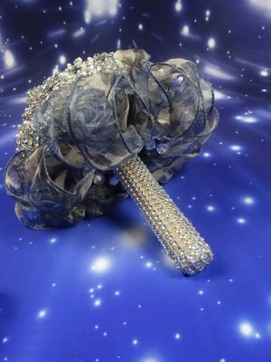Silver Bling Bridal Wedding Bouquet, Wrist Corsage & Matching Bout - Image 5